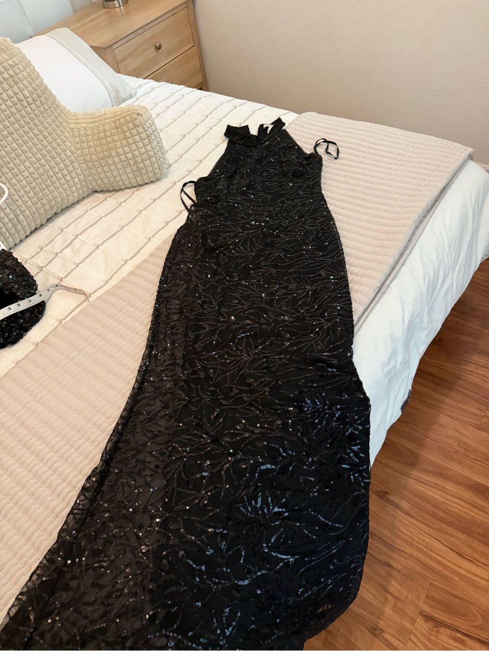 BCBG Elegant Black Sequin Evening Dress - Sleeveless Halter
